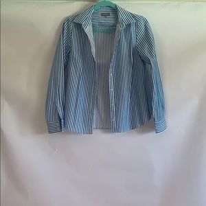 blue and white striped button up